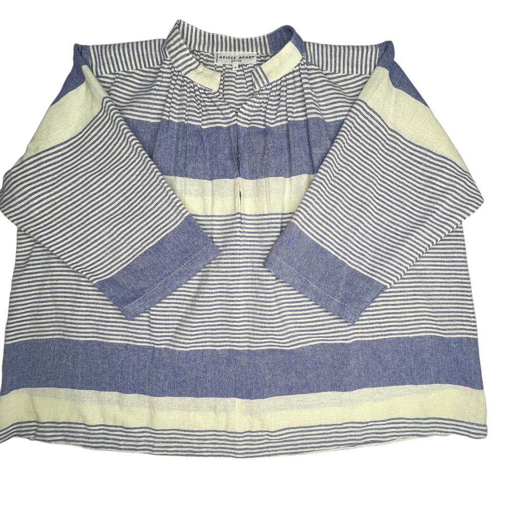 Apiece Apart womens Shirred Agata Top size 2 Cote Stripe Navy 100% Cotton - Picture 5 of 12